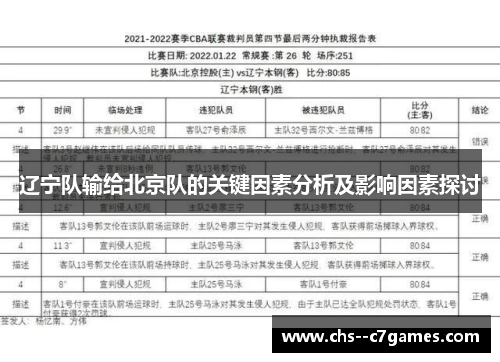 辽宁队输给北京队的关键因素分析及影响因素探讨 辽宁队输给北京队的关键因素分析及影响因素探讨