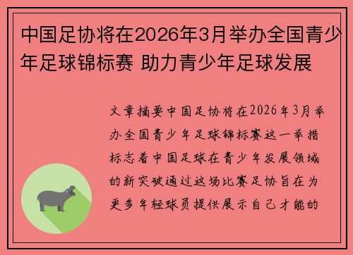 中国足协将在2026年3月举办全国青少年足球锦标赛 助力青少年足球发展